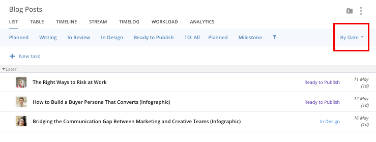 Editorial calendar organized by date in Wrike