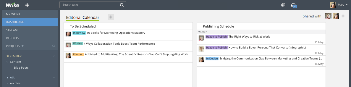 Editorial Calendar Shared Dashboard in Wrike