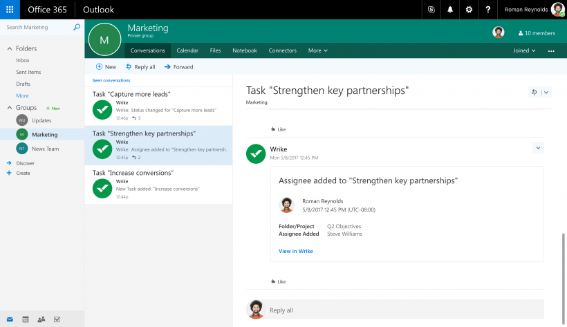 Уведомление Wrike, отправленное с помощью коннектора в дискуссию группы Office 365 в Outlook.