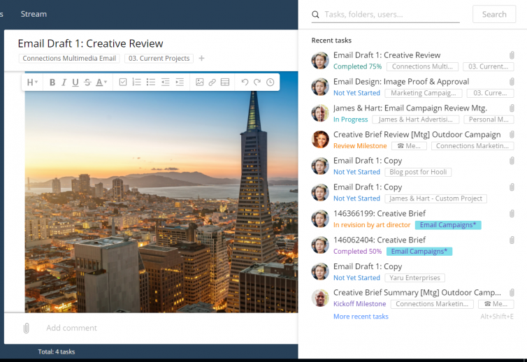 new integrated search & collaborate faster - show more recent tasks