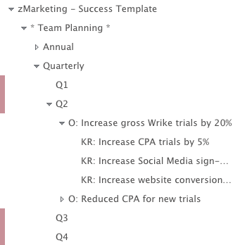 Use planning folders to set up OKRs and manage your quarterly or monthly goals.
